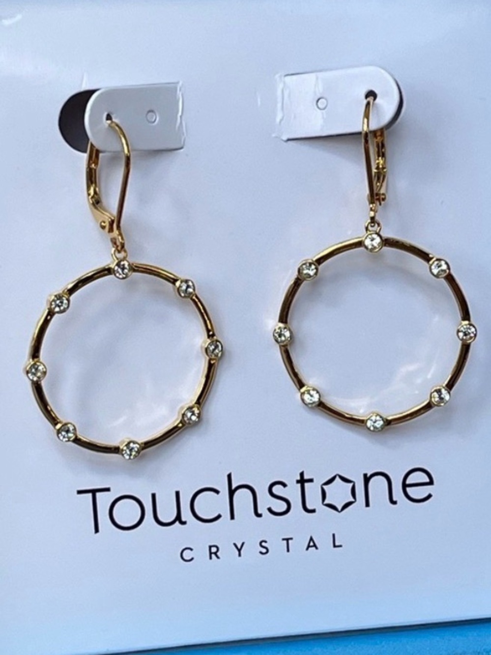 Touchstone Crystal Gold Hoop Earrings with Clear Crystals, BNIB